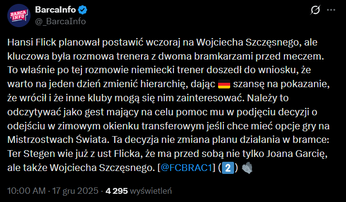 Oto POWÓD wczorajszego występu Ter Stegena kosztem Wojciecha Szczęsnego!